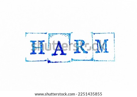 Blue color ink rubber stamp in word harm on white paper background