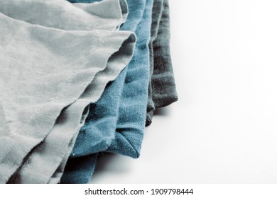 Blue Color Natural Textile Napkin Close Up. Dark Grey Food Prop Fabric. Linen Cotton Table Cloth.