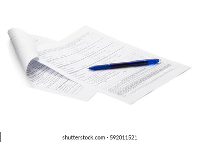 Blue Color Pen On Form Document Isolated On White Background With Clipping Path. Ready To Use.