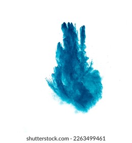 Blue color powder explosion cloud on white background.Blue dust particles splash.