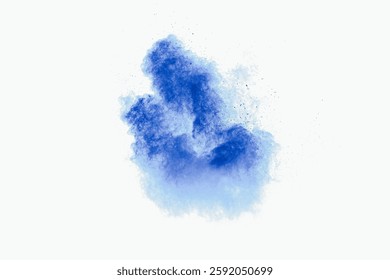Blue color powder explosion cloud on white background.Blue dust particles splash.