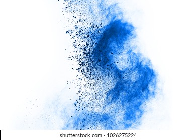 Blue Color Powder Explosion On White Background. Colored Cloud. Colorful Dust Explode. Paint Holi.