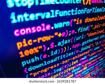Blue color. Programming language on laptop computer screen. Jquery code background. Ruby backend codes. Sparkling sequined textile. Monitor with stock data, closeup. Ad with work for developer.