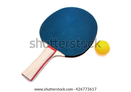 blue color table tennis racket or ping-pong racket with ball on white background