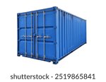 Blue colored metal sea container for the transportation of goods by sea or land is insulated on a white background