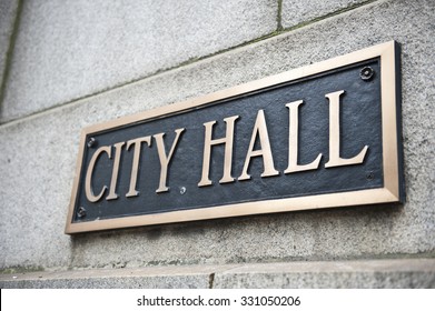 A Blue Colored Plaque Mentioning City Hall Attached To The Wall Of The Chicago City Hall And County Building In Chicago, Illinois. It Is One Of The Oldest Buildings In The City.