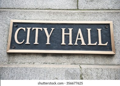 A Blue Colored Plaque Mentioning City Hall Attached To The Wall Of The Chicago City Hall And County Building In Chicago, Illinois. It Is One Of The Oldest Buildings In The City.