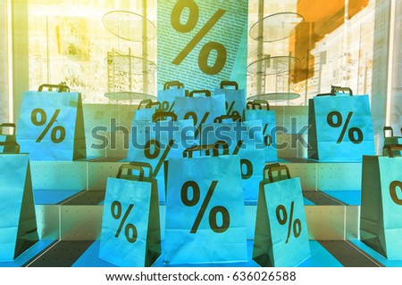 Blue communication - Marketing campaign with Sale Shopping bags in windows store on shopping avenue