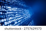 Blue computer screen displaying lines of programming code for data processing and technology