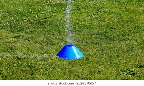 A blue cone marks the field boundary at the corner of two white lines that are pinted on the sports field. - Powered by Shutterstock