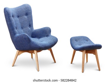 Blue, cornflower, dark blue color armchair and small chair for legs. Modern designer armchair on white background. Textile armchair and chair. Series of furniture.