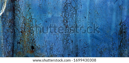 blue coroded metal sheet background with peeling paint flakes