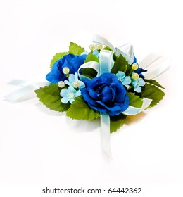 Blue Corsage Bouquet With Pearl Ornaments And White Ribbon