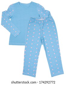 Blue Cotton Childrens Girls Pajama Set Isolated On White Background