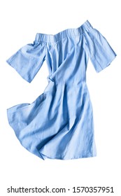 Blue Cotton Crumpled Mini Dress On White Background