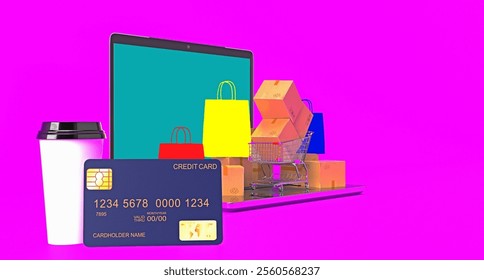 Blue credit card coffee cup bag red yellow box shop store computer notebook laptop tablet payment money internet application online smartphone technology digital ecommerce business website.3d render - Powered by Shutterstock