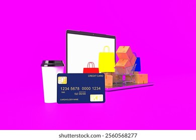 Blue credit card coffee cup bag red yellow box shop store computer notebook laptop tablet payment money internet application online smartphone technology digital ecommerce business website.3d render - Powered by Shutterstock