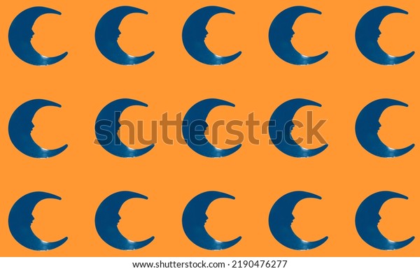 blue crescent moon\
copied on orange background, creative pattern, complementary\
colors, art design