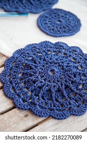 Blue Crochet Doily. This Photo Has Been Taken In Prague, 2022