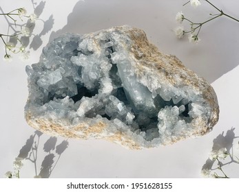 Blue Crystal Raw Crystal Geode Gems On Plain White Background