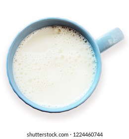 Blue Cup Of Fresh Frothy Milk Isolated On A White Background. View From Above. Top View Of Blue Cup Of Milk.