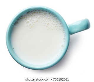 Blue Cup Of Fresh Milk Isolated On White Background. Top View.