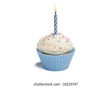 Blue Cupcake With Candle On White Background