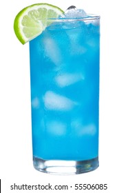 Blue Curacao cocktail with lime on white background