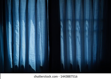 Blue Curtain At Window, Halloween Day In Night On Room With Horror Window, Copy Space.