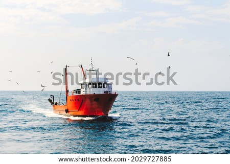 a blue cutter with a flock of seagulls on the North Sea in the sun with wind generators in the background. High quality photo