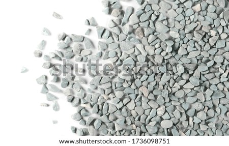 Blue, cyan rocks, pebbles, stones pile isolated on white background, top view