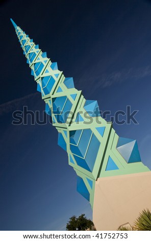 Blue and cyan spire of the Frank Lloyd  Wright Public Memorial in Scottsdale  Arizona.