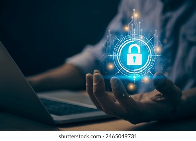 Blue Cybersecurity or Internet Network Security Systems Technology and Encryption Data Protection Concepts. Cybersecurity Lock in HUD and Circuit and Laptop Computer in Vintage