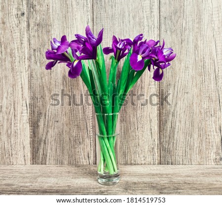 Blue daffodils in a vase with water against a background of planks.