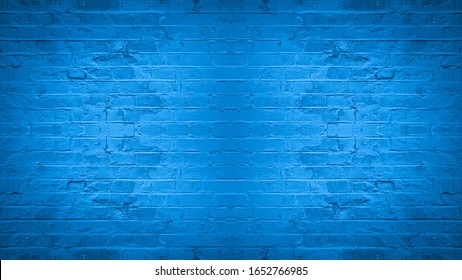 Blue damaged rustic brick wall texture background, colorful trend color