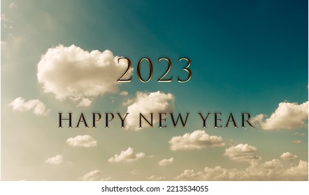 Blue dark moody sky background Web Banner with clouds and 2023 Happy new year. Sunny Travel Day. Cumulus sky. Meteorology, Climate Travel Vacation Concept.