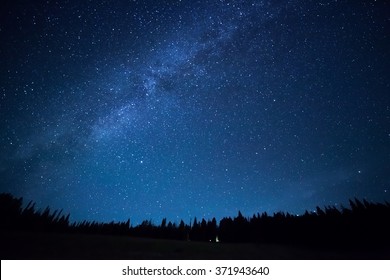 Blue dark night sky with many stars above field of trees. Yellowstone park. Milkyway cosmos background - Shutterstock ID 371943640