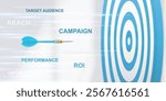 Blue dart flying toward the center of a target, surrounded by words like target audience, reach, campaign, ROI, performance, and optimization, symbolizing marketing precision and success