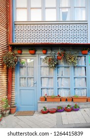Blue decorated facade of a house located in the Old Town district of Tbilisi in Georgia