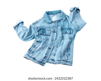 Blue denim jacket isolated on white, jean flying dungaree.Female crumpled coat. - Powered by Shutterstock