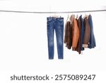 blue denim jacket ,with set of blue jeans ,jacket, coat, shirt, on hanger 