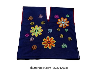A blue denim sleeveless top with colorful embroidery in flower and swirl shapes.  An decorative art object for handmade, workmanship, handcraft design and idea.  Isolate on white background. - Shutterstock ID 2227420135