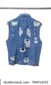 Blue Denim Vest Hanging On Hanger