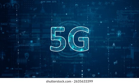 Blue digital 5G letter logo and futuristic circle HUD with big data processed on grid line background and technology ai icon screen abstract background next generation concepts