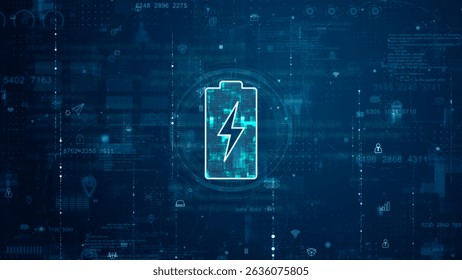 Blue digital battery logo and futuristic circle HUD with big data processed on grid line background and technology ai icon screen abstract background power reserve concepts