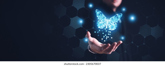 Blue Digital Butterfly on the businessman with glowing particles effect. Global business economy and digital transformation concept. Connectivity and Virtual reality theme. Copy space - Shutterstock ID 2305670037