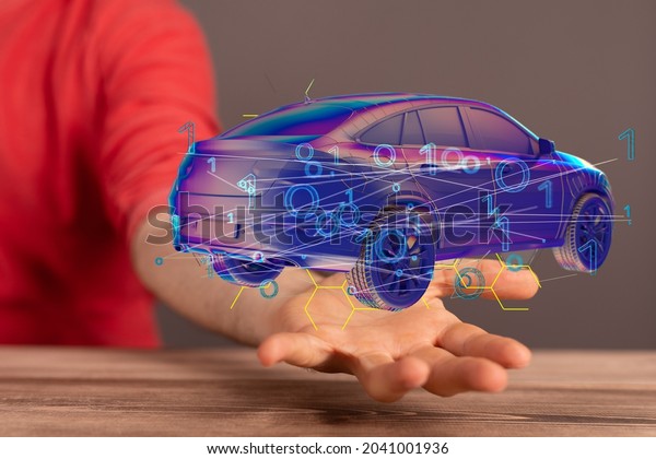 A blue digital car above a\
hand