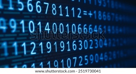 Blue digital data code on screen. electronic digital number display on computer monitor featuring white digits over blue backdrop. network data stream, encryption coding