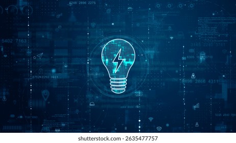Blue digital Lamp logo and futuristic circle HUD with big data processed on grid line background and technology ai icon screen abstract background good idea concepts