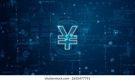 Blue digital money logo and futuristic circle HUD with big data processed on grid line background and technology ai icon screen abstract background crypto currency concepts
